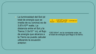  La luminosidad del Sol (el
total de energía que se
irradia de su corona) es de
3.87x1026 watts. La
distancia entre el Sol y la
Tierra (1.5x1011 m), el flujo
de energía que alcanza a
la Tierra se puede calcular
utilizando la ecuación
anterior:
2
211
26
2
W/m1370
m)101.5(4
watts103.87
r)(4
I
1353 W/m2, es la constante solar, es
el total de energía que llega a la tierra.
 