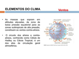 Os Fatores e Elementos do Clima
ELEMENTOS DO CLIMA Ventos
• As massas que sopram em
altitudes elevadas, da zona de
baixa pressão equatorial para as
zonas subtropicais de alta pressão,
constituem os ventos contra-alísios.
• O circuito dos alísios e contra-
alísios, conhecido como Célula de
Hadley ou Célula Tropical, é um
dos elos da circulação geral
atmosférica.
 