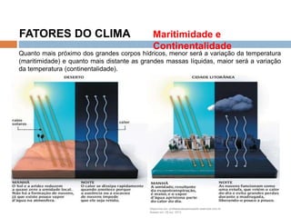 Os Fatores e Elementos do Clima
FATORES DO CLIMA Maritimidade e
Continentalidade
Quanto mais próximo dos grandes corpos hídricos, menor será a variação da temperatura
(maritimidade) e quanto mais distante as grandes massas líquidas, maior será a variação
da temperatura (continentalidade).
Disponível em: professoralexeinowatzki.webnode.com.br
Acesso em: 28 out. 2013.
 