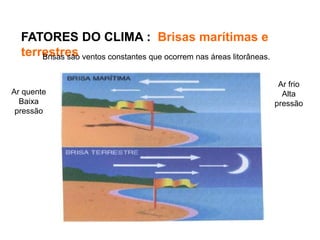 FATORES DO CLIMA : Brisas marítimas e
terrestres
Ar frio
Alta
pressão
Ar quente
Baixa
pressão
Brisas são ventos constantes que ocorrem nas áreas litorâneas.
 