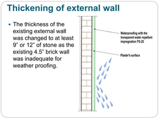 Thickening of external wall
 The thickness of the
existing external wall
was changed to at least
9” or 12” of stone as the
existing 4.5” brick wall
was inadequate for
weather proofing.
 