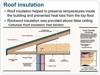 Roof insulation
 Roof insulation helped to preserve temperatures inside
the building and prevented heat loss from the top floor.
 Rockwool insulation was provided above false ceiling.
 
