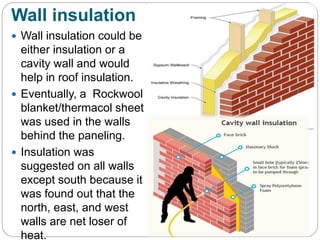 Wall insulation
 Wall insulation could be
either insulation or a
cavity wall and would
help in roof insulation.
 Eventually, a Rockwool
blanket/thermacol sheet
was used in the walls
behind the paneling.
 Insulation was
suggested on all walls
except south because it
was found out that the
north, east, and west
walls are net loser of
heat.
 
