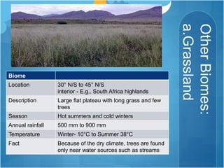 OtherBiomes:
a.Grassland
Biome
Location 30° N/S to 45° N/S
interior - E.g.. South Africa highlands
Description Large flat plateau with long grass and few
trees
Season Hot summers and cold winters
Annual rainfall 500 mm to 900 mm
Temperature Winter- 10°C to Summer 38°C
Fact Because of the dry climate, trees are found
only near water sources such as streams
 