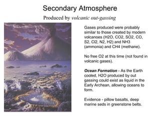 Secondary Atmosphere
Gases produced were probably
similar to those created by modern
volcanoes (H2O, CO2, SO2, CO,
S2, Cl2, N2, H2) and NH3
(ammonia) and CH4 (methane).
No free O2 at this time (not found in
volcanic gases).
Ocean Formation - As the Earth
cooled, H2O produced by out
gassing could exist as liquid in the
Early Archean, allowing oceans to
form.
Evidence - pillow basalts, deep
marine seds in greenstone belts.
Produced by volcanic out-gassing
 
