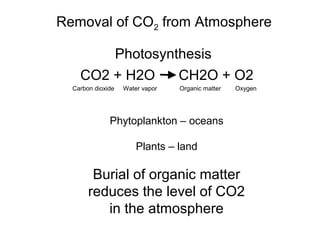 Photosynthesis
CO2 + H2O CH2O + O2
Phytoplankton – oceans
Plants – land
Burial of organic matter
reduces the level of CO2
in the atmosphere
Carbon dioxide Water vapor Organic matter Oxygen
Removal of CO2 from Atmosphere
 