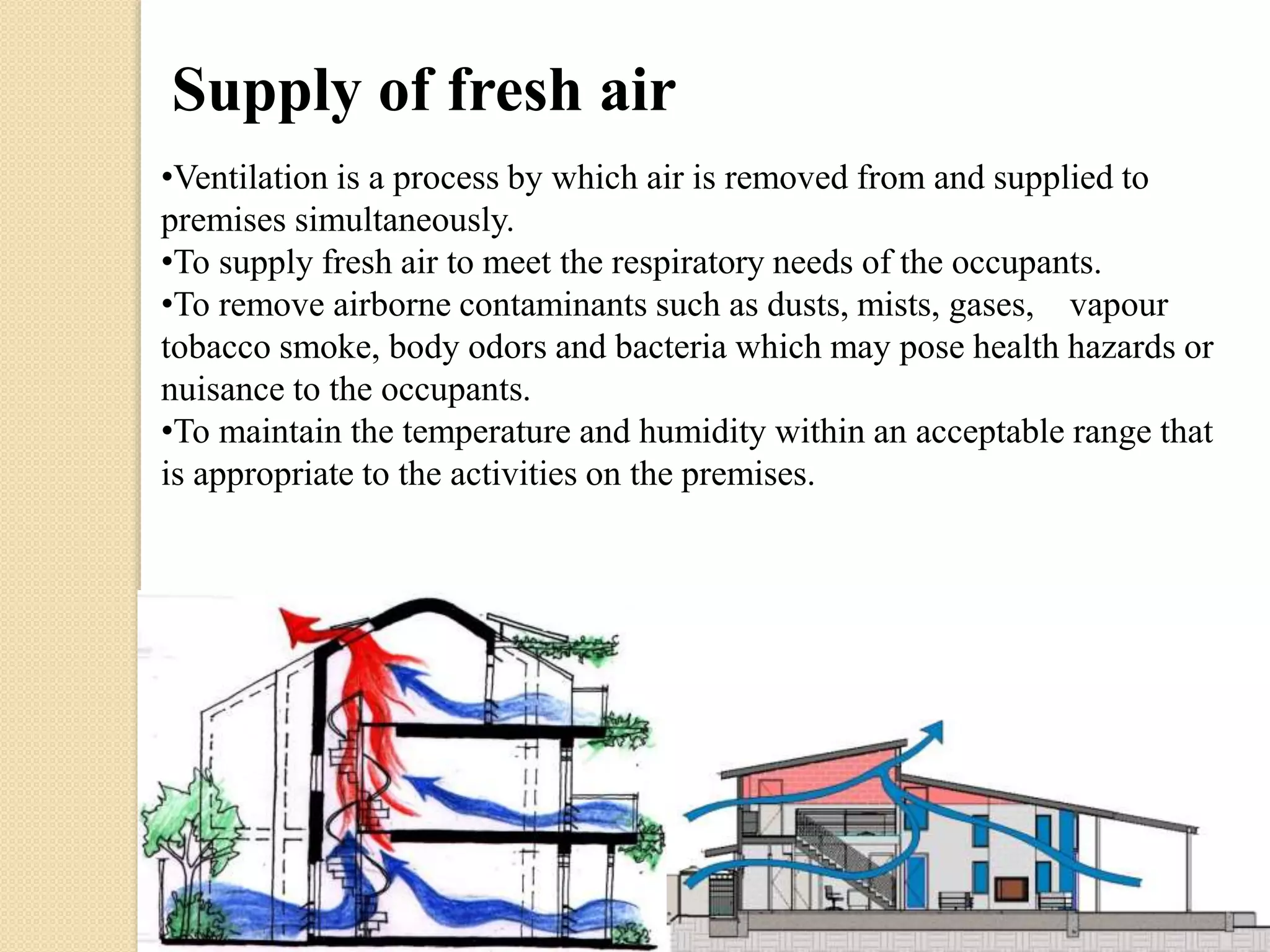 Supply of fresh air 
•Ventilation is a process by which air is removed from and supplied to 
premises simultaneously. 
•To supply fresh air to meet the respiratory needs of the occupants. 
•To remove airborne contaminants such as dusts, mists, gases, vapour 
tobacco smoke, body odors and bacteria which may pose health hazards or 
nuisance to the occupants. 
•To maintain the temperature and humidity within an acceptable range that 
is appropriate to the activities on the premises. 
 