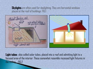 Skylights are often used for daylighting. They are horizontal windows
      placed at the roof of buildings. FIG.1




Light tubes also called solar tubes, placed into a roof and admitting light to a
focused area of the interior. These somewhat resemble recessed light fixtures in
the ceiling. FIG.2
 