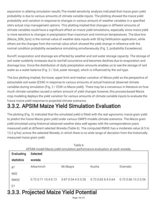 Page 16/33
expansion in altering simulation results.The model sensitivity analysis indicated that maize grain yield
probability is due to various amounts of climate variable inputs. The plotting showed the maize yield
probability and variation in response to changes in various amount of weather variables in a specified
site's actual crop management options. This plotting implied that changes in different amounts of
climate variables could have a significant effect on maize yield simulations, especially since maize yield
is more sensitive to changes in precipitation than maximum and minimum temperatures. The blue line
(Maize_50N_5yrs) is the normal value of weather data inputs with 50 kg fertilization application, while
others are the changes from the normal value which showed the yield change in reference with the
normal condition probability exceedance simulating simultaneously (Fig. 2, probability Exceedence).
Runoff, evaporation and drainage are affected by weather and soil water storage capacity. The storage of
soil water suddenly increases due to rainfall occurrence and becomes declines due to evaporation and
drainage loss. Since the distribution of daily precipitation amounts enables us to see the storage of soil
water as a water balance (Fig. 2 / Soil_water storage), which is influenced by the soil type.
The box plotting implied, the lower, upper limit and median variation of Maize yield as the perspective of
extractable soil water (ESW) in response to various amounts of actual historical observed climate
variables during simulation (Fig. 2 / ESW vs Maize yield). There may be a consensus in literature on how
much climate variables caused a certain amount of yield changes however, this process-based Maize
crop modeling deploys the yield variation for various amounts of climate variable inputs to evaluate the
future maize yield response to projected climate scenarios.
3.3.2. APSIM Maize Yield Simulation Evaluation
The plotting (Fig. 3) indicated that the simulated yield is fitted with the real agronomic maize grain yield
to predict the future Maize grain yield under various CMIP5 models climate scenarios. The Maize grain
yield simulated using historical observed weather data well agrees with the correspondence years
measured yield at different selected Woreda (Table 6). The computed RMSE has a moderate value (4.5 to
13.2 q/ha) across the selected Woreda, in which there is no wide range of deviation from the historically
measured maize grain yield.
Table 6
APSIM model Maize yield simulation performance evaluation at each woreda.
Evaluating
statistics
Selected
woreda
R2
NSE
RMSE
E1
Arbaminch M/Abaya Kucha Dramalo
0.72 0.71 10.4 0.13 0.87 0.54 4.5 0.28 0.73 0.83 8.4 0.64 0.72 0.86 13.2 0.56
3.3.3. Projected Maize Yield Potential
 