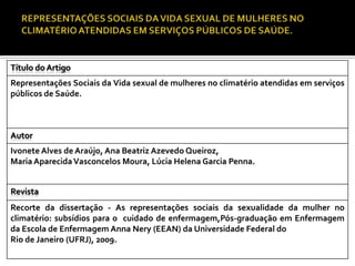 Título do Artigo
Representações Sociais da Vida sexual de mulheres no climatério atendidas em serviços
públicos de Saúde.

Autor
Ivonete Alves de Araújo, Ana Beatriz Azevedo Queiroz,
Maria Aparecida Vasconcelos Moura, Lúcia Helena Garcia Penna.
Revista

Recorte da dissertação - As representações sociais da sexualidade da mulher no
climatério: subsídios para o cuidado de enfermagem,Pós-graduação em Enfermagem
da Escola de Enfermagem Anna Nery (EEAN) da Universidade Federal do
Rio de Janeiro (UFRJ), 2009.

 