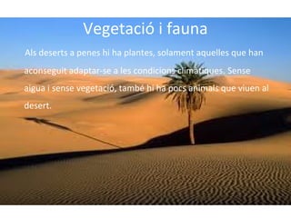 Vegetació i fauna
Als deserts a penes hi ha plantes, solament aquelles que han
aconseguit adaptar-se a les condicions climàtiques. Sense
aigua i sense vegetació, també hi ha pocs animals que viuen al
desert.

 