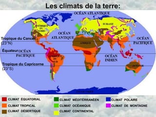 Les climats de la terre:



Tropique du Cancer
(23°N)
Équateur


Tropique du Capricorne
(23°S)




   CLIMAT ÉQUATORIAL   ...