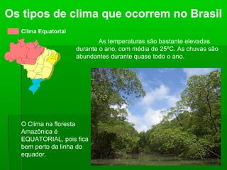 Clima Equatorial
Os tipos de clima que ocorrem no Brasil
As temperaturas são bastante elevadas
durante o ano, com média de 25ºC. As chuvas são
abundantes durante quase todo o ano.
O Clima na floresta
Amazônica é
EQUATORIAL, pois fica
bem perto da linha do
equador.
 