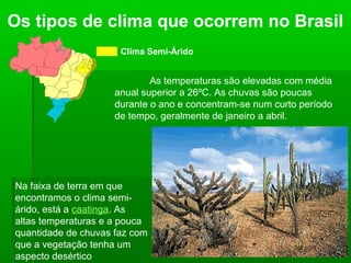 Os tipos de clima que ocorrem no Brasil
Clima Semi-Árido
As temperaturas são elevadas com média
anual superior a 26ºC. As chuvas são poucas
durante o ano e concentram-se num curto período
de tempo, geralmente de janeiro a abril.
Na faixa de terra em que
encontramos o clima semi-
árido, está a caatinga. As
altas temperaturas e a pouca
quantidade de chuvas faz com
que a vegetação tenha um
aspecto desértico
 
