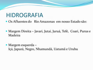 HIDROGRAFIA
 Os Afluentes do Rio Amazonas em nosso Estado são:
 Margem Direita – Javari, Jutaí, Juruá, Tefé, Coari, Purus e

Madeira
 Margem esquerda –

Içá, Japurá, Negro, Nhamundá, Uatumã e Urubu

 