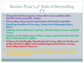 Review-Pixar’s 4th
Rule of Storytelling
 (Exposition)Once upon a time there was a father fish,
Marlin and a son fish, Nemo.
 Every day, they swam and swam and swam together.
 (Inciting Incident) One day, Nemo was kidnapped by a
diver.
 (Rising Action)Because of that, Marlin had to leave and find
Nemo.
 (Rising Action)Because of that, Nemo made friends with the
fish in the dentist’s office.
 (Climax)Until finally Marlin found Nemo after he broke out
of the dentist’s office and (epiphany)realized how strong
and independent Nemo is.
 (Resolution) And ever since that day Nemo continues to go
to school and Marlin is the perfect father because he gives
his son independence.
 