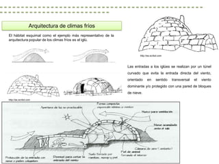 Arquitectura de climas fríos
El hábitat esquimal como el ejemplo más representativo de la
arquitectura popular de los climas fríos es el iglú.



                                                                        http://es.scribd.com



                                                               Las entradas a los iglúes se realizan por un túnel
                                                               curvado que evita la entrada directa del viento,
                                                               orientado       en        sentido   transversal   el   viento
                                                               dominante y/o protegido con una pared de bloques
                                                               de nieve.
http://es.scribd.com




                                                                  http://es.scribd.com
 
