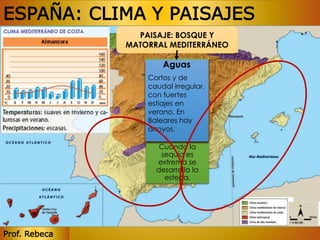 ESPAÑA: CLIMA Y PAISAJES 
NATURALES 
Prof. Rebeca 
PAISAJE: BOSQUE Y 
MATORRAL MEDITERRÁNEO 
Aguas 
Vegetación 
Formada por 
Relieve 
Fauna 
Costero 
Cortos y de 
caudal bosque irregular, 
y 
con matorral 
fuertes 
estiajes en 
verano. En 
Baleares hay 
arroyos. 
águila real, 
halcón 
peregrino, búho 
real, jineta y el 
gato montés 
Amplios mediterráneos, 
golfos y 
extensas con especies 
playas 
alternadas capaces con 
de 
acantilados 
soportar la 
sequía 
veraniega. 
Cuando la 
sequía es 
extrema se 
desarrolla la 
estepa. 
 