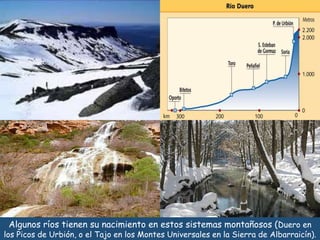 Algunos ríos tienen su nacimiento en estos sistemas montañosos (Duero en 
los Picos de Urbión, o el Tajo en los Montes Universales en la Sierra de Albarraicín). 
 