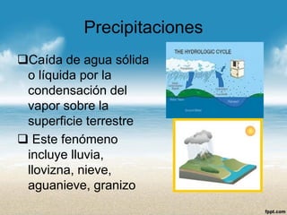 Precipitaciones 
Caída de agua sólida o líquida por la condensación del vapor sobre la superficie terrestre 
Este fenómeno incluye lluvia, llovizna, nieve, aguanieve, granizo  
