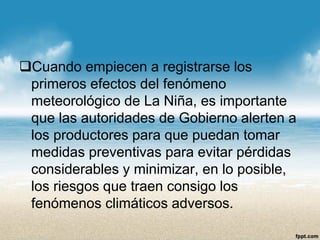 Cuando empiecen a registrarse los primeros efectos del fenómeno meteorológico de La Niña, es importante que las autoridades de Gobierno alerten a los productores para que puedan tomar medidas preventivas para evitar pérdidas considerables y minimizar, en lo posible, los riesgos que traen consigo los fenómenos climáticos adversos.  