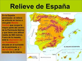 Relieve de España
En la España
peninsular, el relieve
se articula en torno a
una gran Meseta
Central que ocupa la
mayor parte del centro
de la Península Ibérica
y que tiene una altitud
media de 660 metros.
Fuera de la meseta,
está la depresión del
río Guadalquivir,
situada en el suroeste
de la península, y la
del río Ebro, en el
noreste de la misma.

 