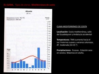 EL CLIMA. Tipos de climas. Mediterráneo de costa
CLIMA MEDITERRÁNEO DE COSTA
Localización: Costa mediterránea, valle
del Guadalquivir y Andalucía occidental
Temperaturas: TMA aumenta hacia el
sur. Inviernos suaves y veranos calurosos.
AT moderada (13-15 °)
Precipitaciones: Escasas . Estación seca
en verano. Máximos en otoño.
Alicante
 