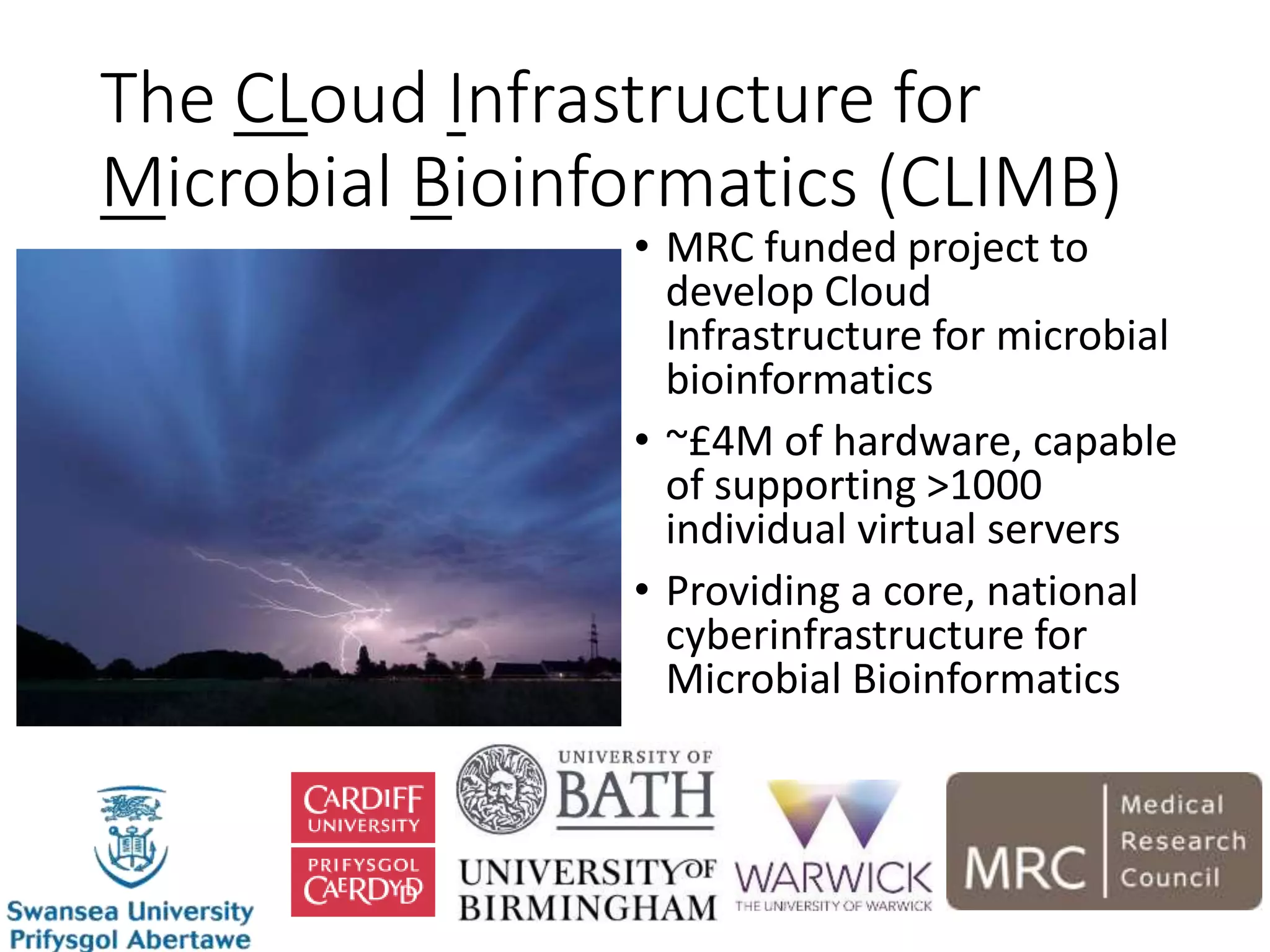 The CLoud Infrastructure for
Microbial Bioinformatics (CLIMB)
• MRC funded project to
develop Cloud
Infrastructure for microbial
bioinformatics
• ~£4M of hardware, capable
of supporting >1000
individual virtual servers
• Providing a core, national
cyberinfrastructure for
Microbial Bioinformatics
 