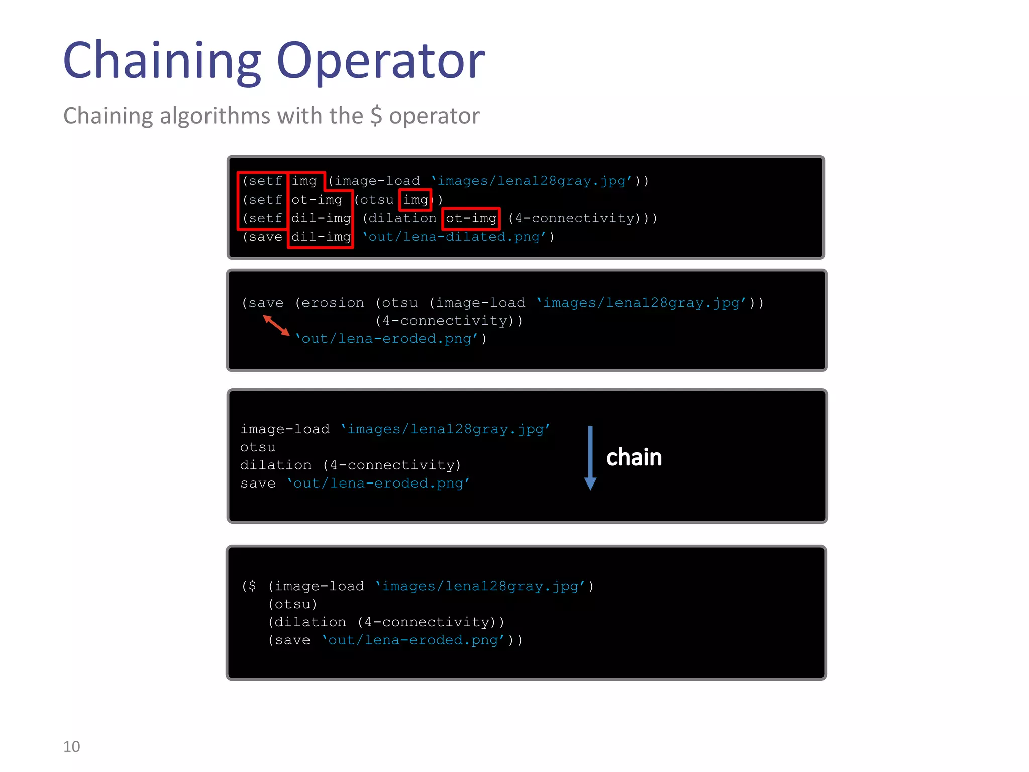 Chaining Operator
Chaining algorithms with the $ operator

                (setf   img (image-load ‘images/lena128gray.jpg’))
                (setf   ot-img (otsu img))
                (setf   dil-img (dilation ot-img (4-connectivity)))
                (save   dil-img ‘out/lena-dilated.png’)



                (save (erosion (otsu (image-load ‘images/lena128gray.jpg’))
                               (4-connectivity))
                      ‘out/lena-eroded.png’)




                image-load ‘images/lena128gray.jpg’
                otsu
                dilation (4-connectivity)
                save ‘out/lena-eroded.png’




                ($ (image-load ‘images/lena128gray.jpg’)
                   (otsu)
                   (dilation (4-connectivity))
                   (save ‘out/lena-eroded.png’))




10
 