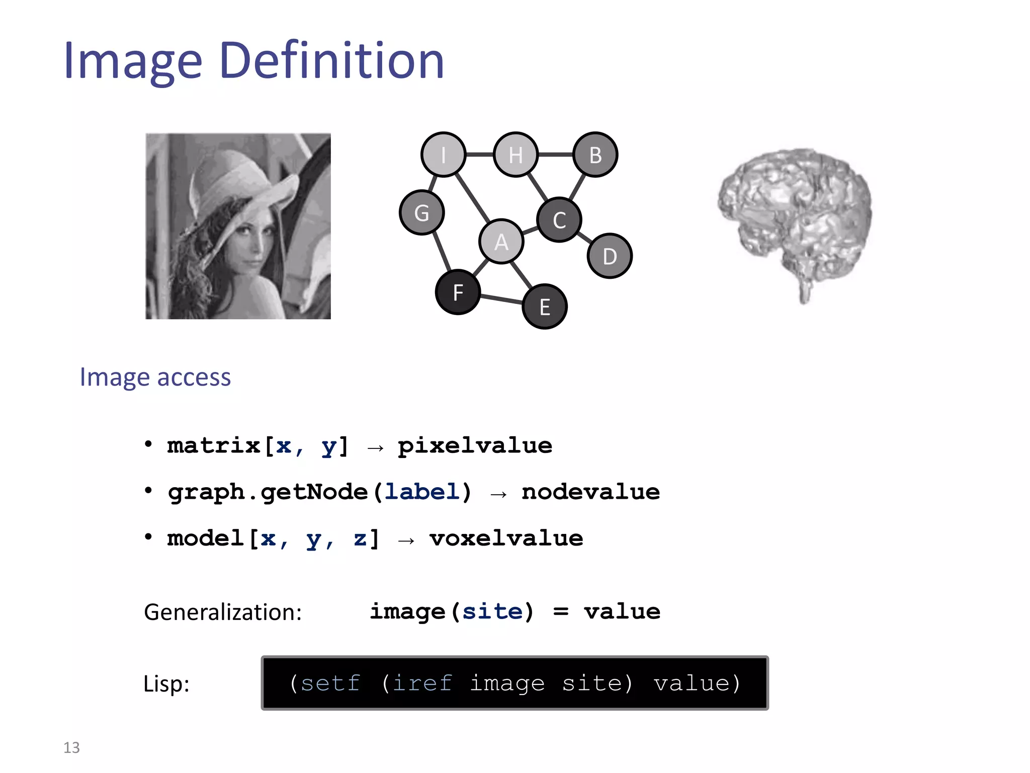 Image Definition
                               I       H           B

                           G                   C
                                       A
                                                   D
                                   F
                                           E

 Image access

      • matrix[x, y] → pixelvalue
      • graph.getNode(label) → nodevalue
      • model[x, y, z] → voxelvalue

      Generalization:   image(site) = value

      Lisp:        (setf (iref image site) value)

13
 