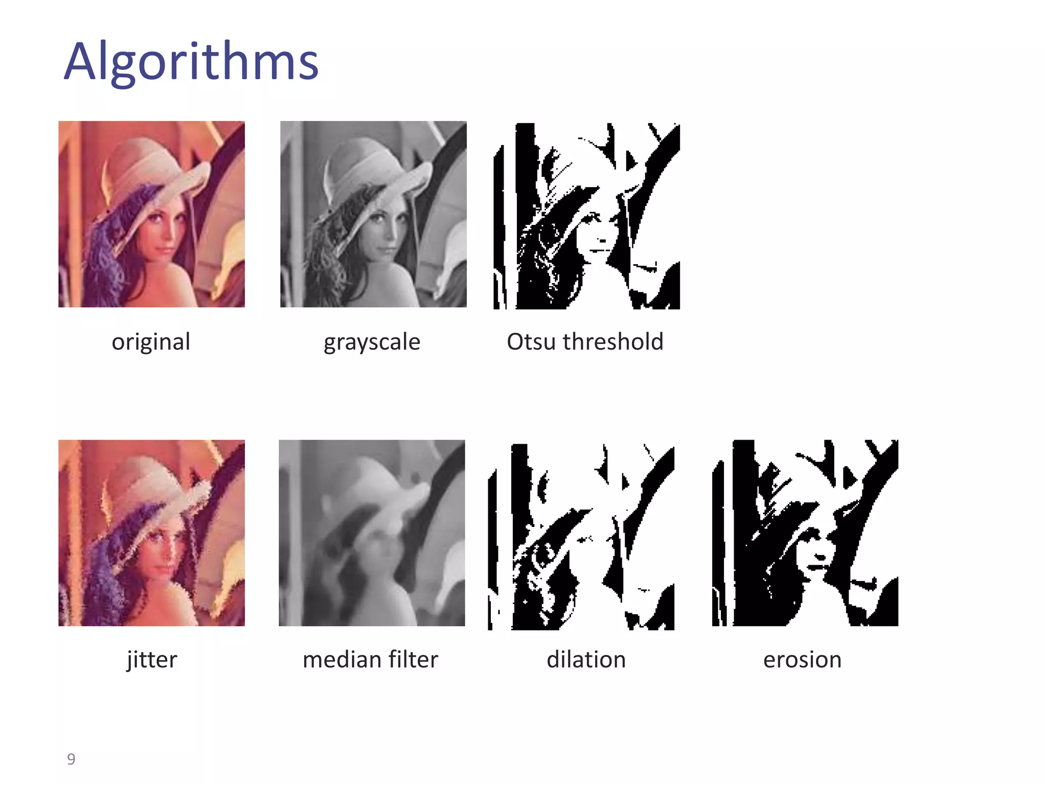 Algorithms



    original     grayscale     Otsu threshold




     jitter    median filter      dilation      erosion


9
 
