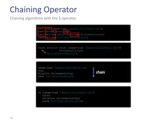 Chaining Operator
Chaining algorithms with the $ operator

                (setf   img (image-load ‘images/lena128gray.jpg’))
                (setf   ot-img (otsu img))
                (setf   dil-img (dilation ot-img (4-connectivity)))
                (save   dil-img ‘out/lena-dilated.png’)



                (save (erosion (otsu (image-load ‘images/lena128gray.jpg’))
                               (4-connectivity))
                      ‘out/lena-eroded.png’)




                image-load ‘images/lena128gray.jpg’
                otsu
                dilation (4-connectivity)
                save ‘out/lena-eroded.png’




                ($ (image-load ‘images/lena128gray.jpg’)
                   (otsu)
                   (dilation (4-connectivity))
                   (save ‘out/lena-eroded.png’))




10
 