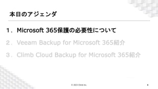 本日のアジェンダ
4
© 2023 Climb Inc.
１．Microsoft 365保護の必要性について
２．Veeam Backup for Microsoft 365紹介
３．Climb Cloud Backup for Microsoft 365紹介
 