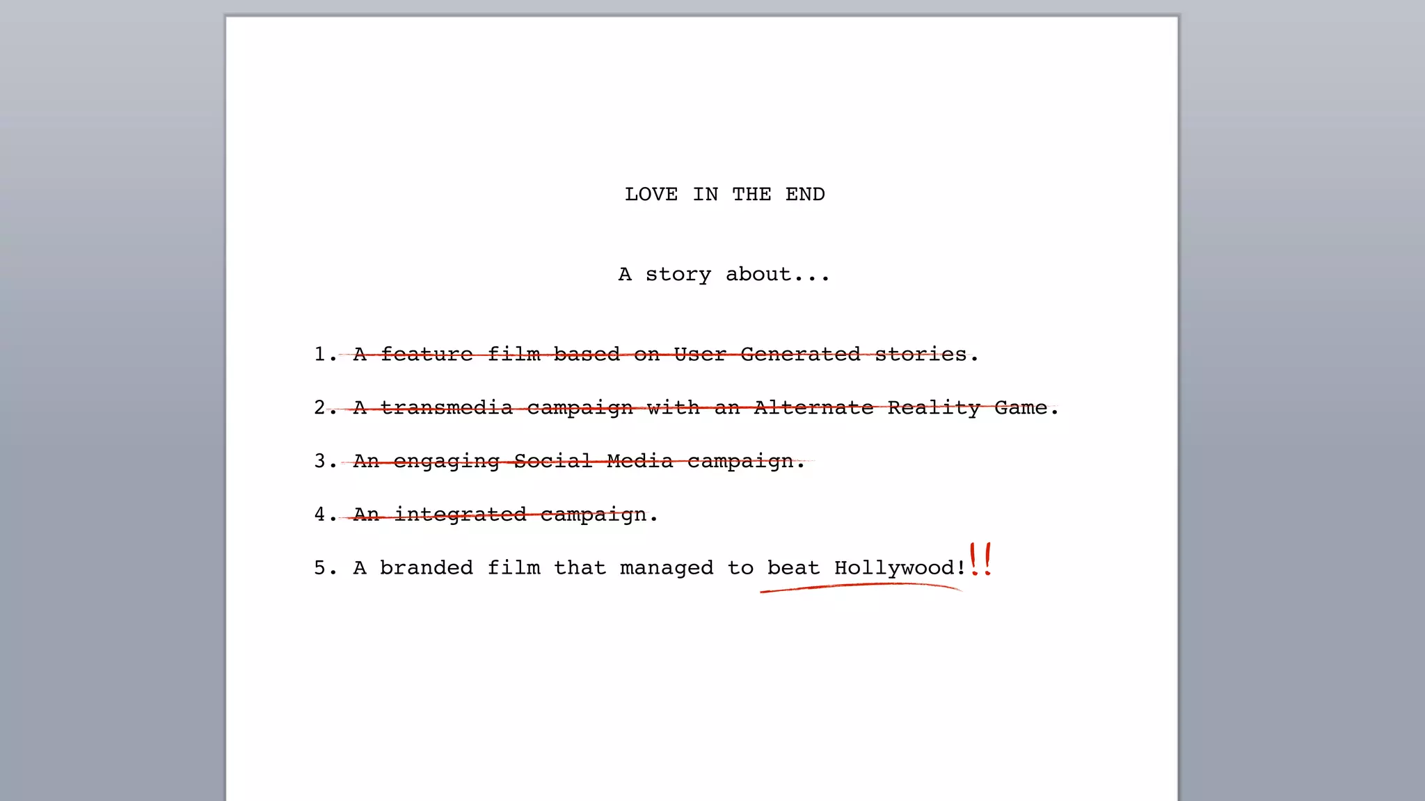 LOVE IN THE END
A story about...
1. A feature film based on User Generated stories.
2. A transmedia campaign with an Alternate Reality Game.
3. An engaging Social Media campaign.
4. An integrated campaign.
5. A branded film that managed to beat Hollywood!
 