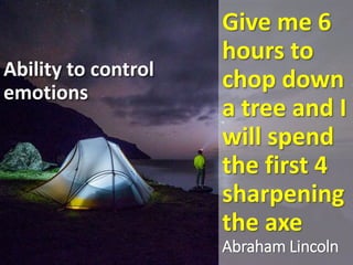 Give me 6
hours to
chop down
a tree and I
will spend
the first 4
sharpening
the axe
Abraham Lincoln
Ability to control
emotions
 