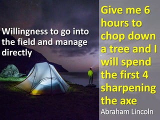 Give me 6
hours to
chop down
a tree and I
will spend
the first 4
sharpening
the axe
Abraham Lincoln
Willingness to go into
the field and manage
directly
 