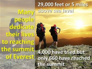 29,000 feet or 5 miles
above sea level
4,000 have tried but
only 660 have reached
the summit
Many
people
dedicate
their lives
to reaching
the summit
of Everest
 