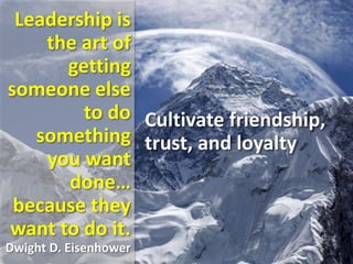 Leadership is
the art of
getting
someone else
to do
something
you want
done…
because they
want to do it.
Dwight D. Eisenhower
Cultivate friendship,
trust, and loyalty
 