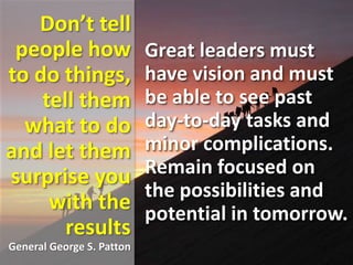 Don’t tell
people how
to do things,
tell them
what to do
and let them
surprise you
with the
results
General George S. Patton
Great leaders must
have vision and must
be able to see past
day-to-day tasks and
minor complications.
Remain focused on
the possibilities and
potential in tomorrow.
 