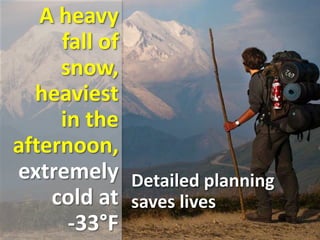 A heavy
fall of
snow,
heaviest
in the
afternoon,
extremely
cold at
-33°F
Detailed planning
saves lives
 