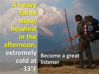 A heavy
fall of
snow,
heaviest
in the
afternoon,
extremely
cold at
-33°F
Become a great
listener
 