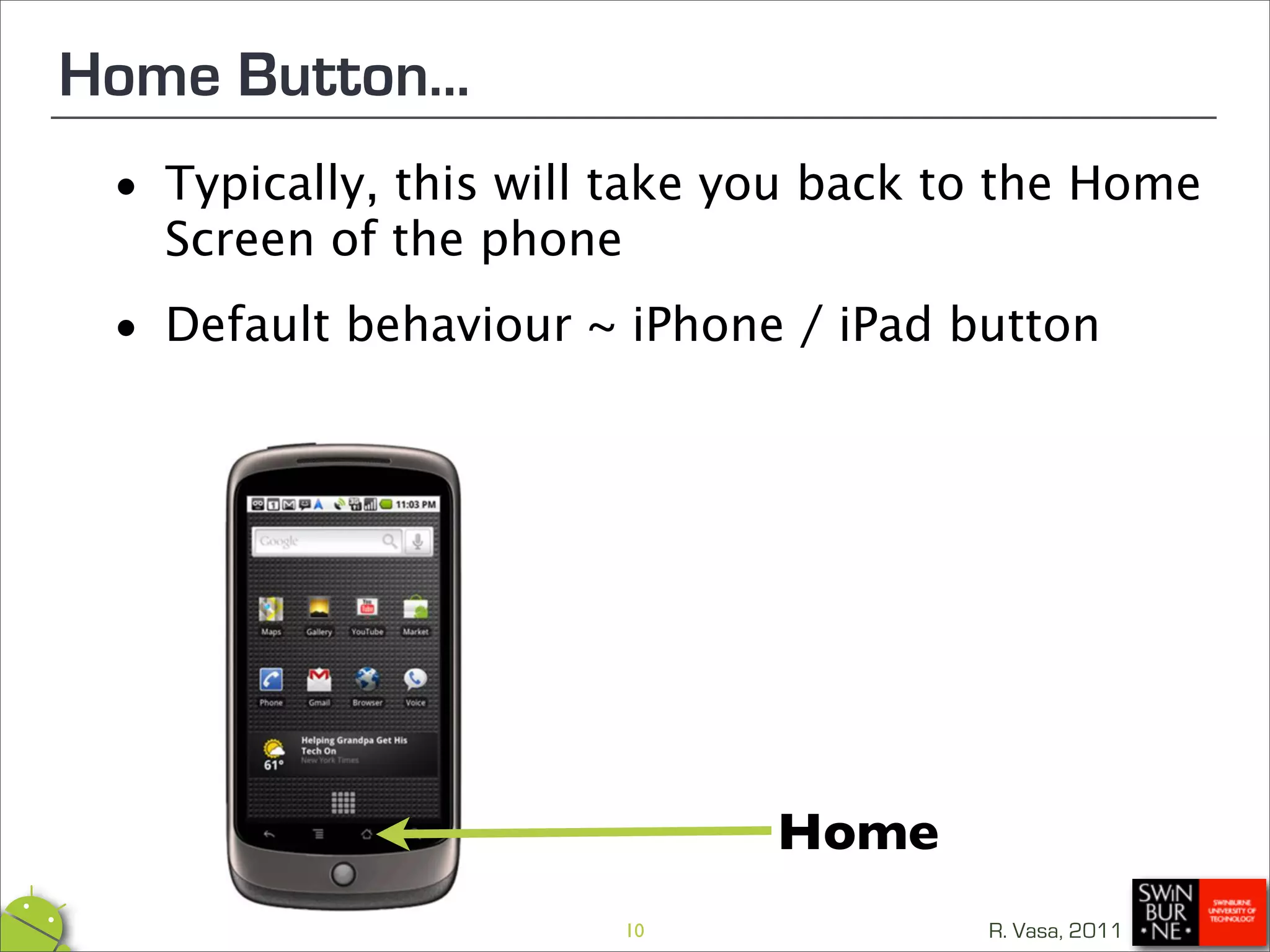 Home Button...
 •  Typically, this will take you back to the Home
    Screen of the phone

 • Default behaviour ~ iPhone / iPad button




                               Home
                        10              R. Vasa, 2011
 
