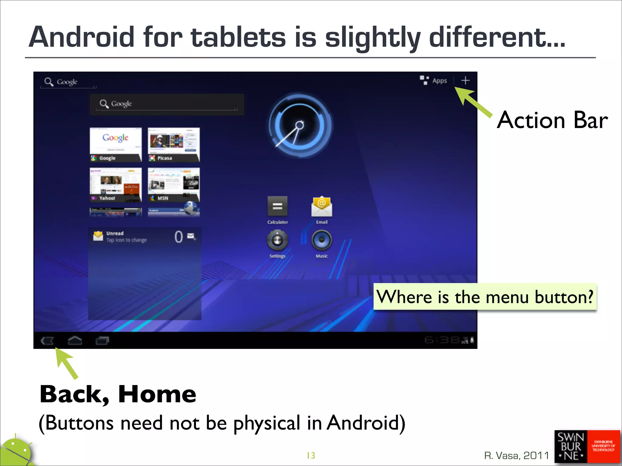 Android for tablets is slightly different...

                                                   Action Bar




                                     Where is the menu button?




Back, Home
(Buttons need not be physical in Android)
                             13                  R. Vasa, 2011
 