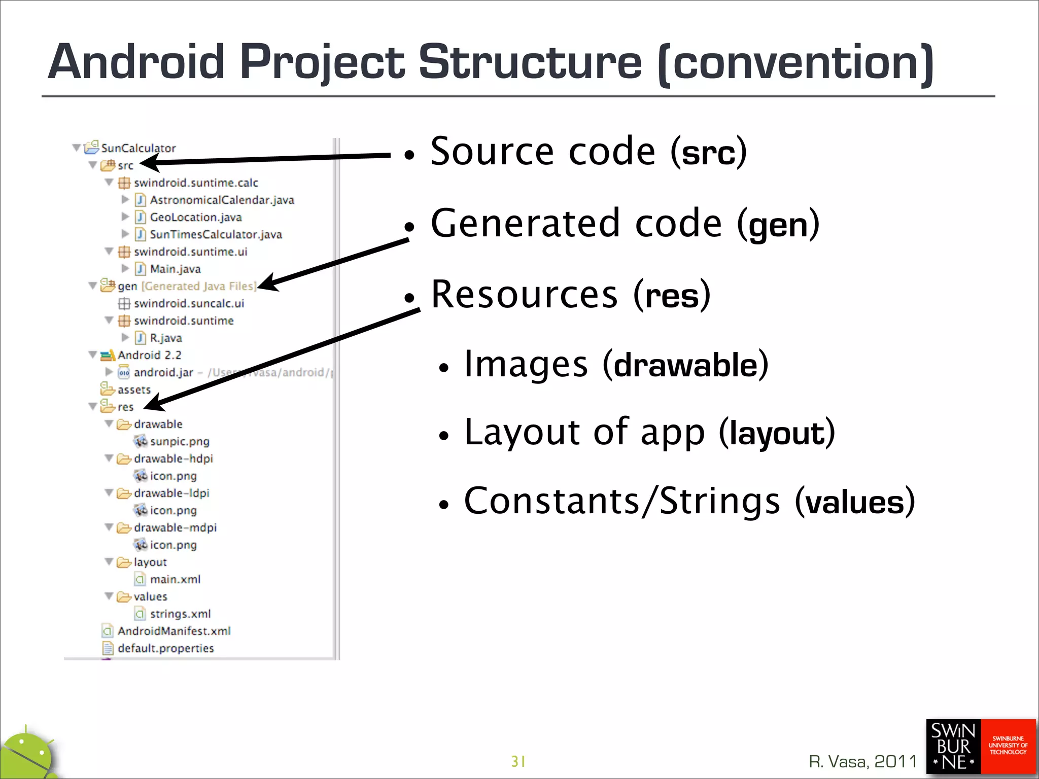Android Project Structure (convention)
              •Source code (src)
              •Generated code (gen)
              •Resources (res)
                •Images (drawable)
                •Layout of app (layout)
                •Constants/Strings (values)


                    31               R. Vasa, 2011
 