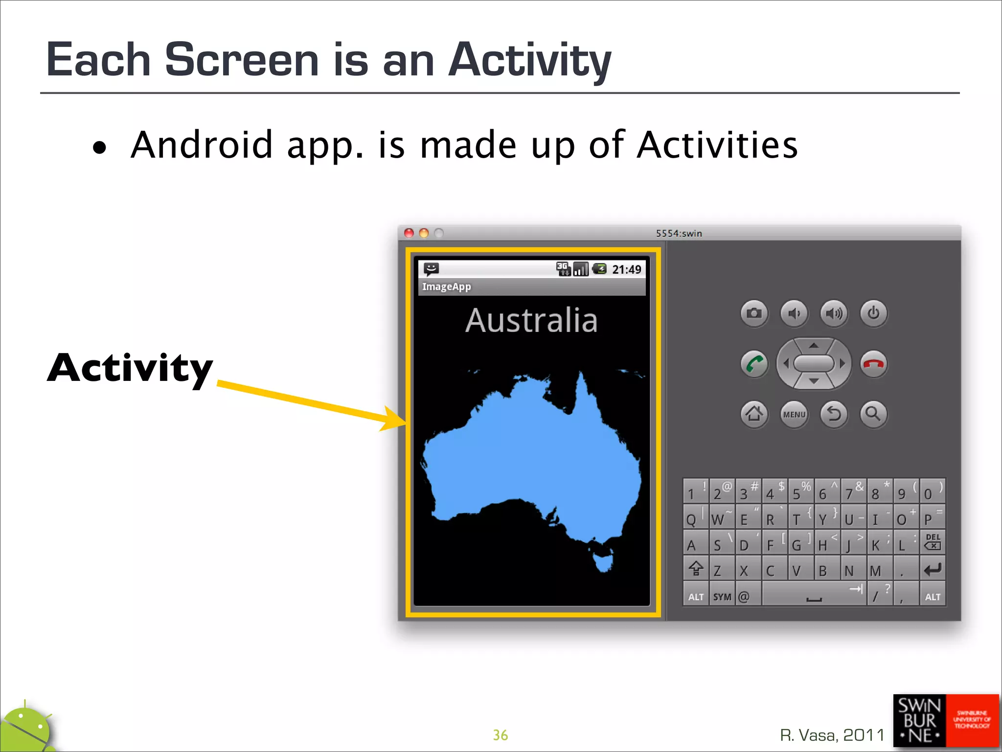 Each Screen is an Activity
 •   Android app. is made up of Activities




Activity




                         36             R. Vasa, 2011
 