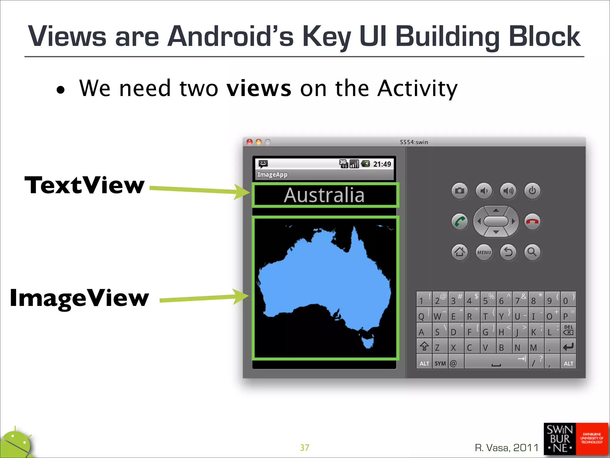 Views are Android’s Key UI Building Block
  •   We need two views on the Activity



TextView



ImageView




                         37               R. Vasa, 2011
 