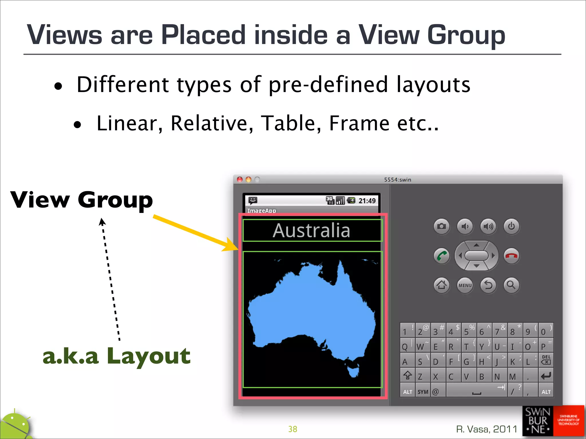 Views are Placed inside a View Group
  •   Different types of pre-defined layouts

   • Linear, Relative, Table, Frame etc..
View Group




  a.k.a Layout

                          38                R. Vasa, 2011
 