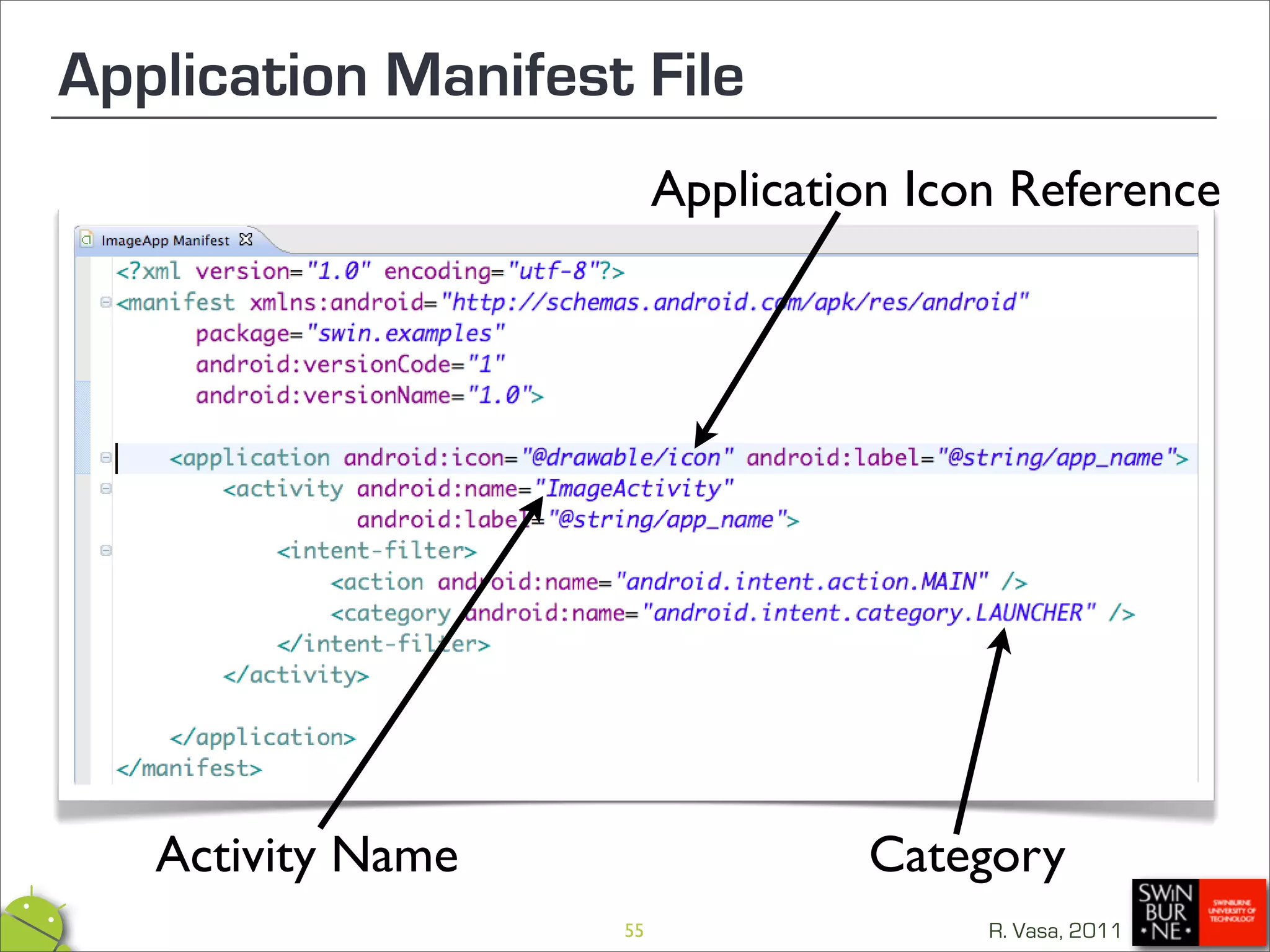 Application Manifest File
                         Application Icon Reference




   Activity Name                  Category
                    55                  R. Vasa, 2011
 