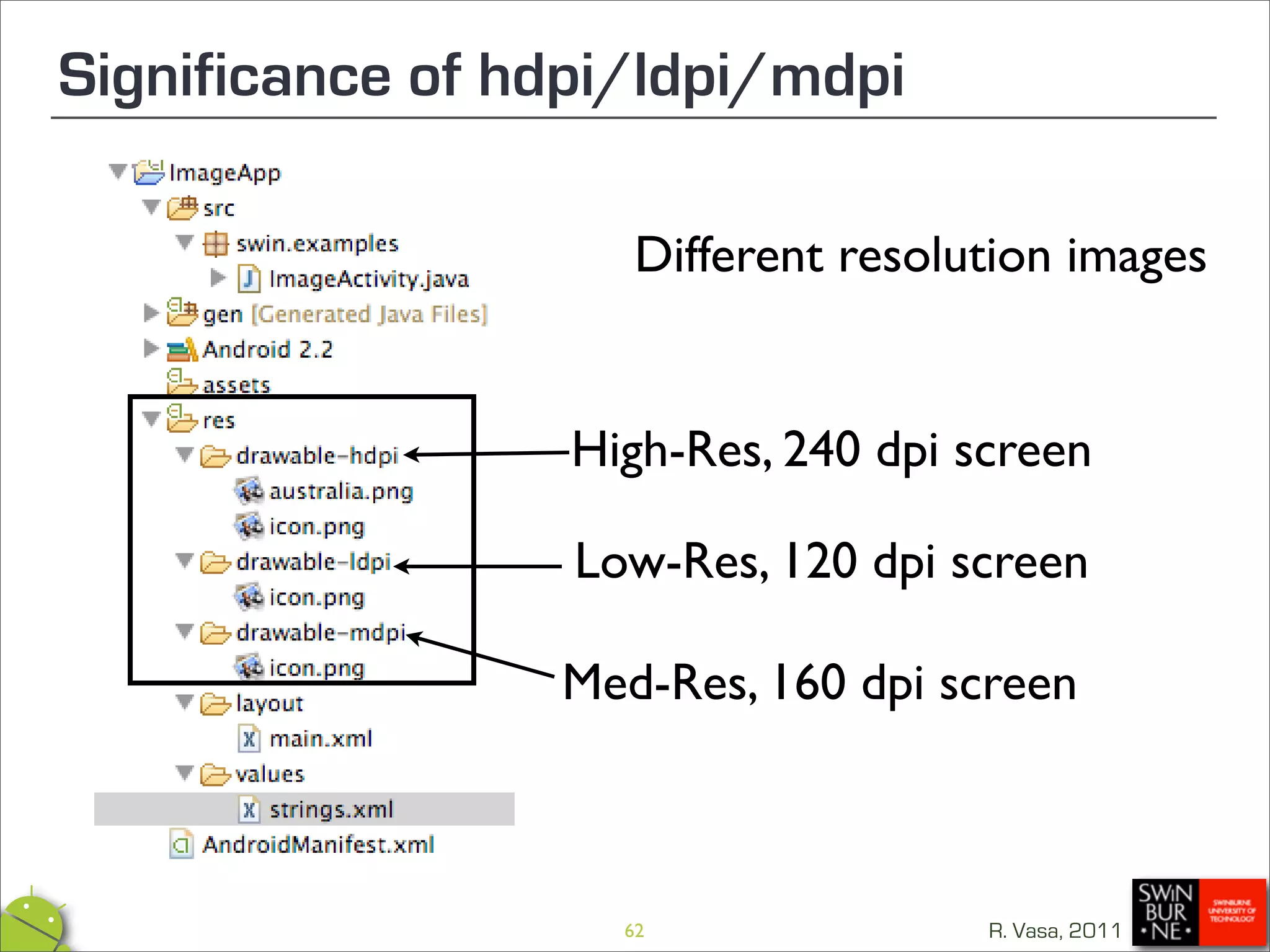 Significance of hdpi/ldpi/mdpi

                    Different resolution images


                  High-Res, 240 dpi screen

                  Low-Res, 120 dpi screen

                 Med-Res, 160 dpi screen



                    62               R. Vasa, 2011
 