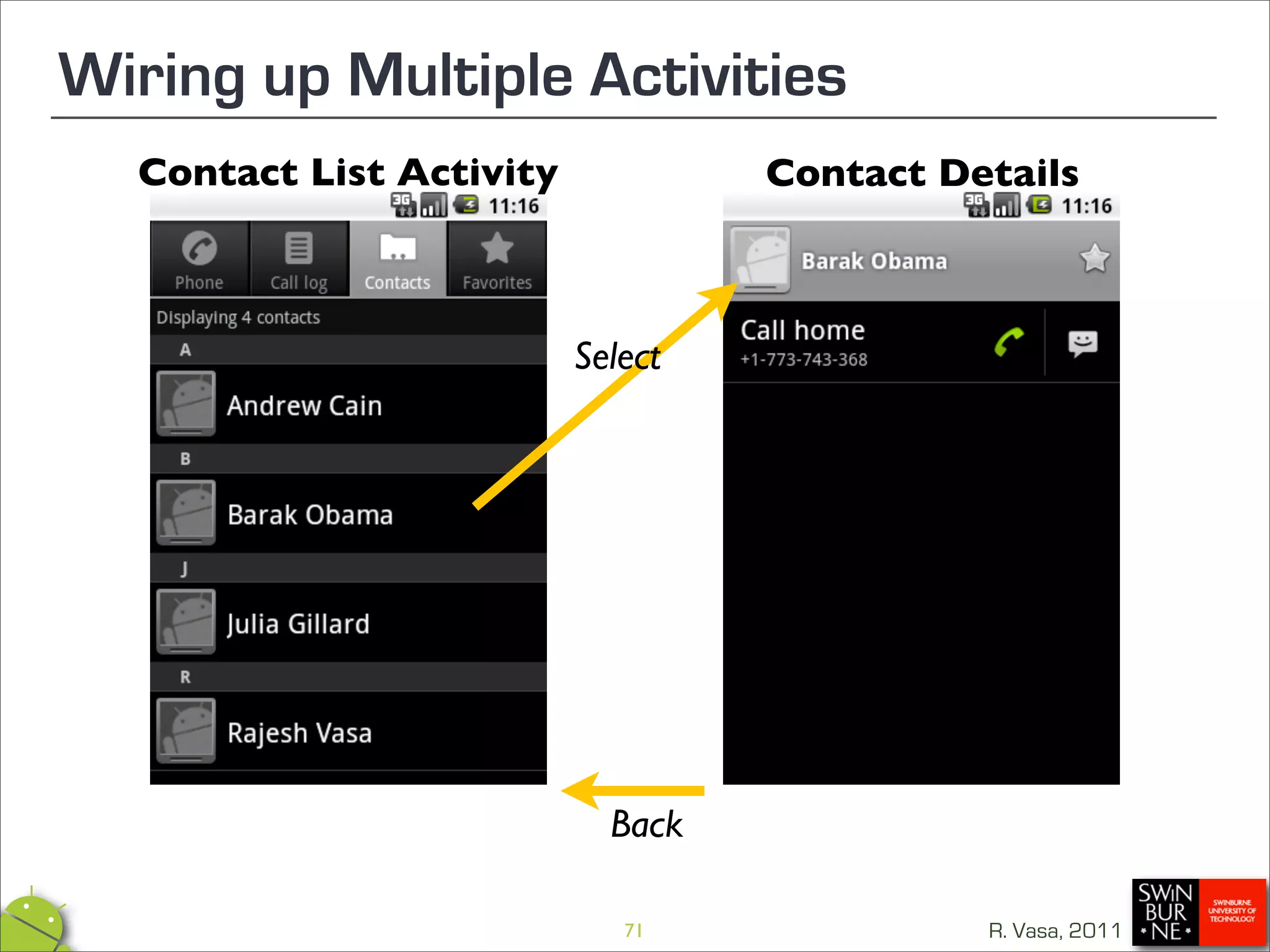 Wiring up Multiple Activities
  Contact List Activity            Contact Details



                          Select




                            Back

                             71              R. Vasa, 2011
 